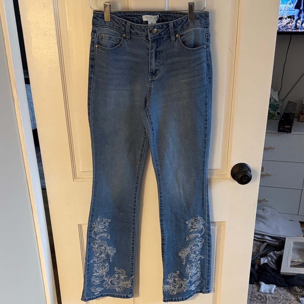 Rachel Zoe Blue Flare Jeans with Floral Embroidery